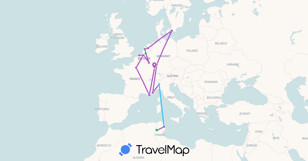 TravelMap itinerary: driving, bus, train, boat in Belgium, Germany, France, Italy, Luxembourg, Netherlands, Sweden, Tunisia (Africa, Europe)